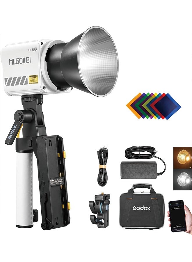 Godox ML60IIBi Bi-Color LED Video Light,70W Portable COB Continuous Output Lighting 2800K-6500K CRI 96+/TLCI 97+,11 FX Effects, APP Control Ultra-Quiet Handheld LED Light with AK-B01 Battery Base