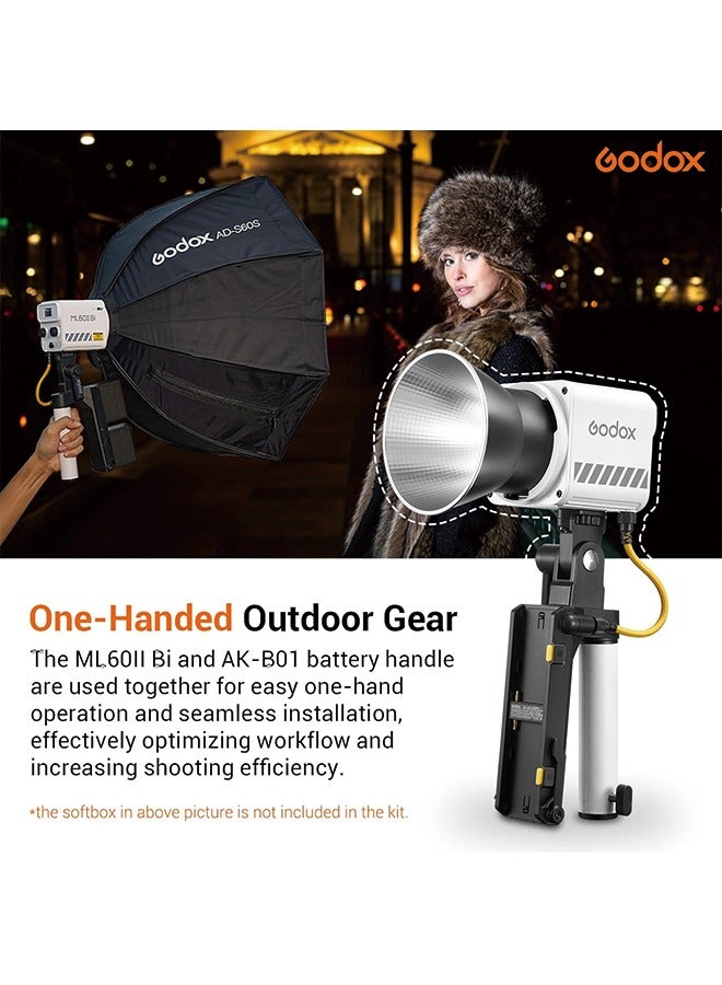 Godox ML60IIBi Bi-Color LED Video Light,70W Portable COB Continuous Output Lighting 2800K-6500K CRI 96+/TLCI 97+,11 FX Effects, APP Control Ultra-Quiet Handheld LED Light with AK-B01 Battery Base