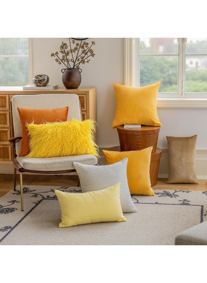 Yellow Fur Pillow Covers Decorative Faux Fur Oblong Fuzzy Throw Pillow Cover For Couch Sofa Bed 12X20Inches 30 X 50Cm Set Of 2