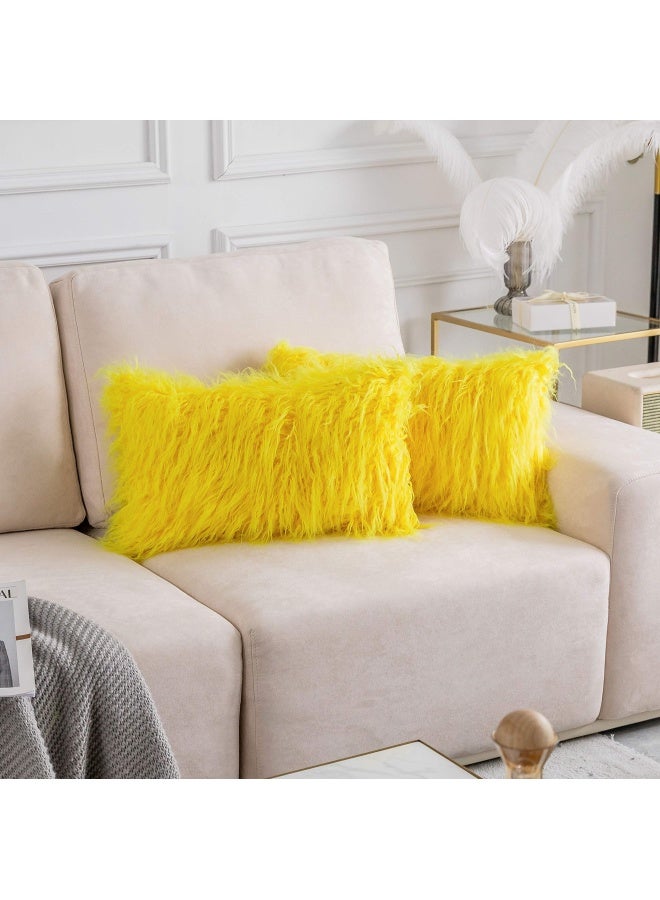 Yellow Fur Pillow Covers Decorative Faux Fur Oblong Fuzzy Throw Pillow Cover For Couch Sofa Bed 12X20Inches 30 X 50Cm Set Of 2