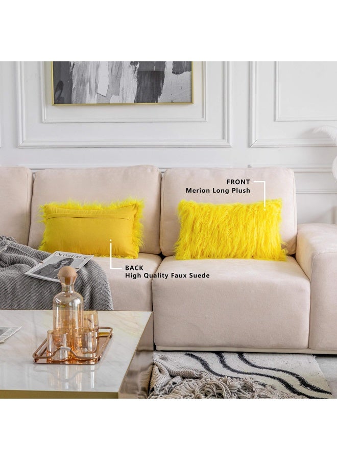 Yellow Fur Pillow Covers Decorative Faux Fur Oblong Fuzzy Throw Pillow Cover For Couch Sofa Bed 12X20Inches 30 X 50Cm Set Of 2