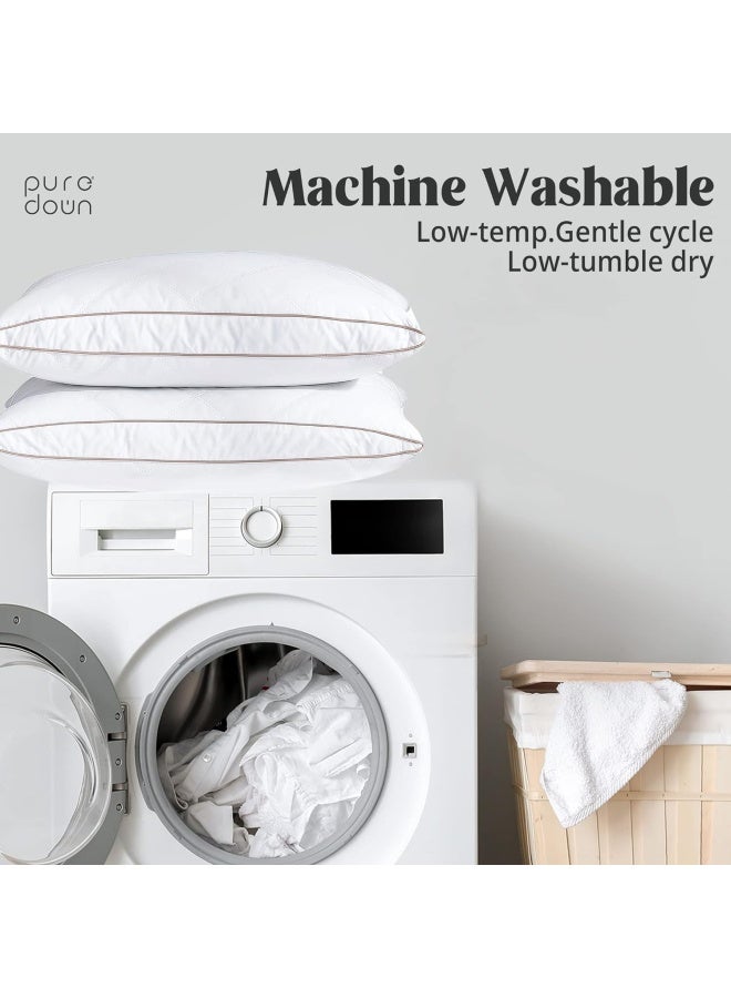 Puredown Natural Goose Down Feather Pillows For Sleeping Oval Gusseted Down Pillow 100% Cotton Pillow Cover With Leaf Quilting Standard/Queen Set Of 2