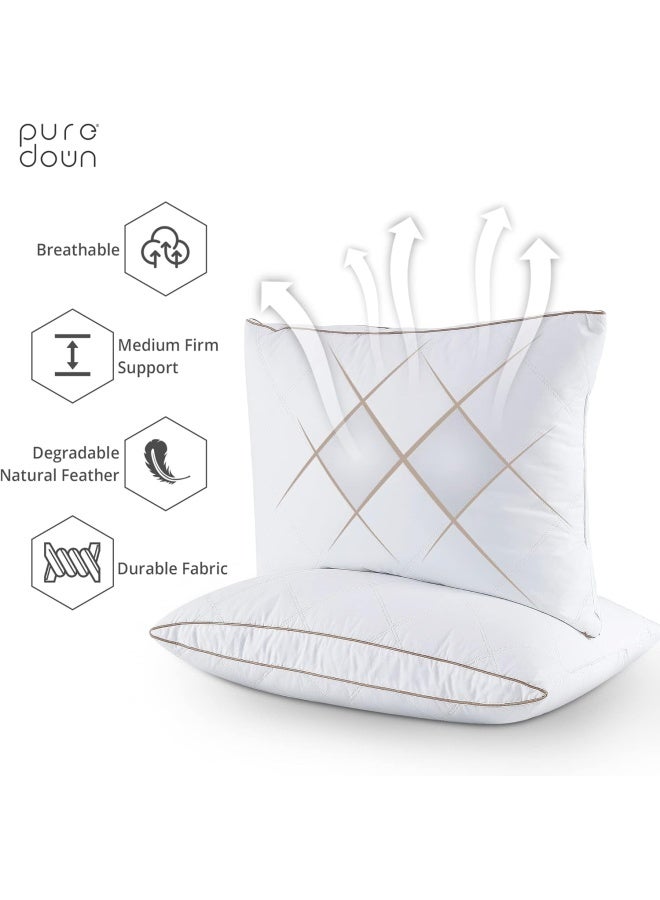 Puredown Natural Goose Down Feather Pillows For Sleeping Oval Gusseted Down Pillow 100% Cotton Pillow Cover With Leaf Quilting Standard/Queen Set Of 2