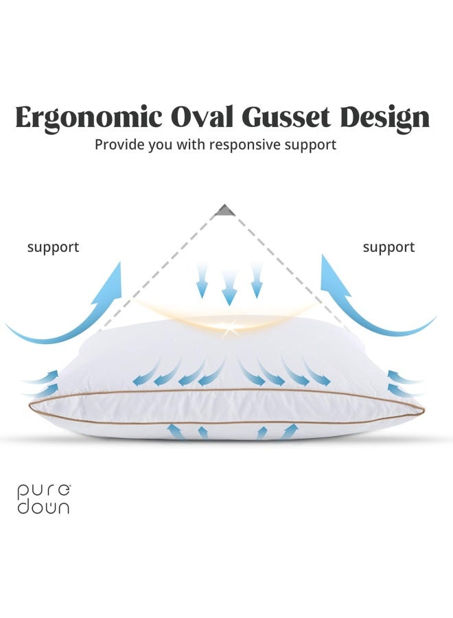 Puredown Natural Goose Down Feather Pillows For Sleeping Oval Gusseted Down Pillow 100% Cotton Pillow Cover With Leaf Quilting Standard/Queen Set Of 2