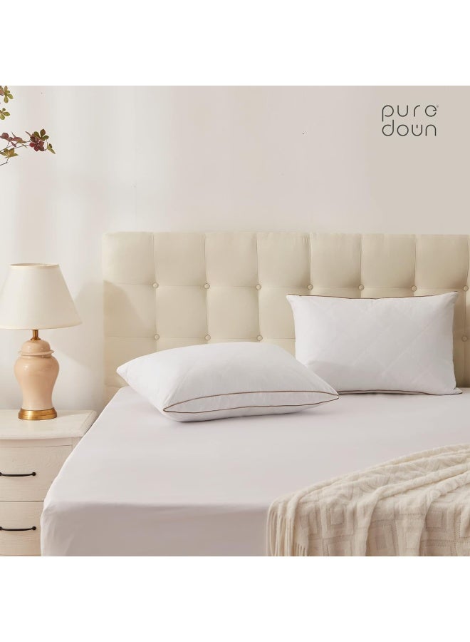 Puredown Natural Goose Down Feather Pillows For Sleeping Oval Gusseted Down Pillow 100% Cotton Pillow Cover With Leaf Quilting Standard/Queen Set Of 2