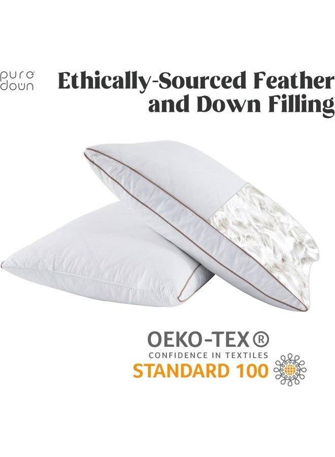 Puredown Natural Goose Down Feather Pillows For Sleeping Oval Gusseted Down Pillow 100% Cotton Pillow Cover With Leaf Quilting Standard/Queen Set Of 2