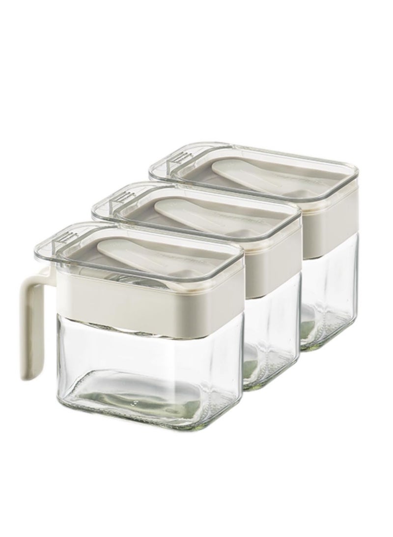 Clear Seasoning Containers, 3 Pack Seasoning Box with Handle, Glass Condiment Jar Spice Container with Spoon Dustproof Lid, Cruet jars for Spice Salt Sugar, Grey