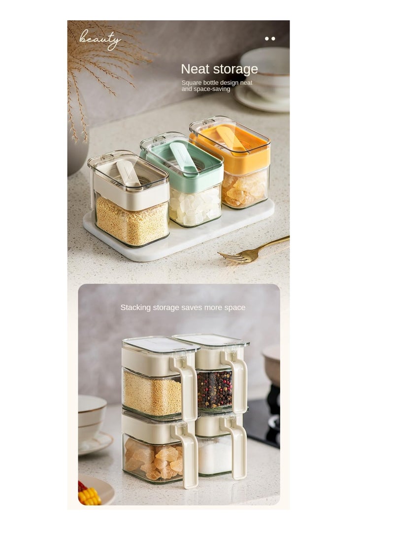 Clear Seasoning Containers, 3 Pack Seasoning Box with Handle, Glass Condiment Jar Spice Container with Spoon Dustproof Lid, Cruet jars for Spice Salt Sugar, Grey