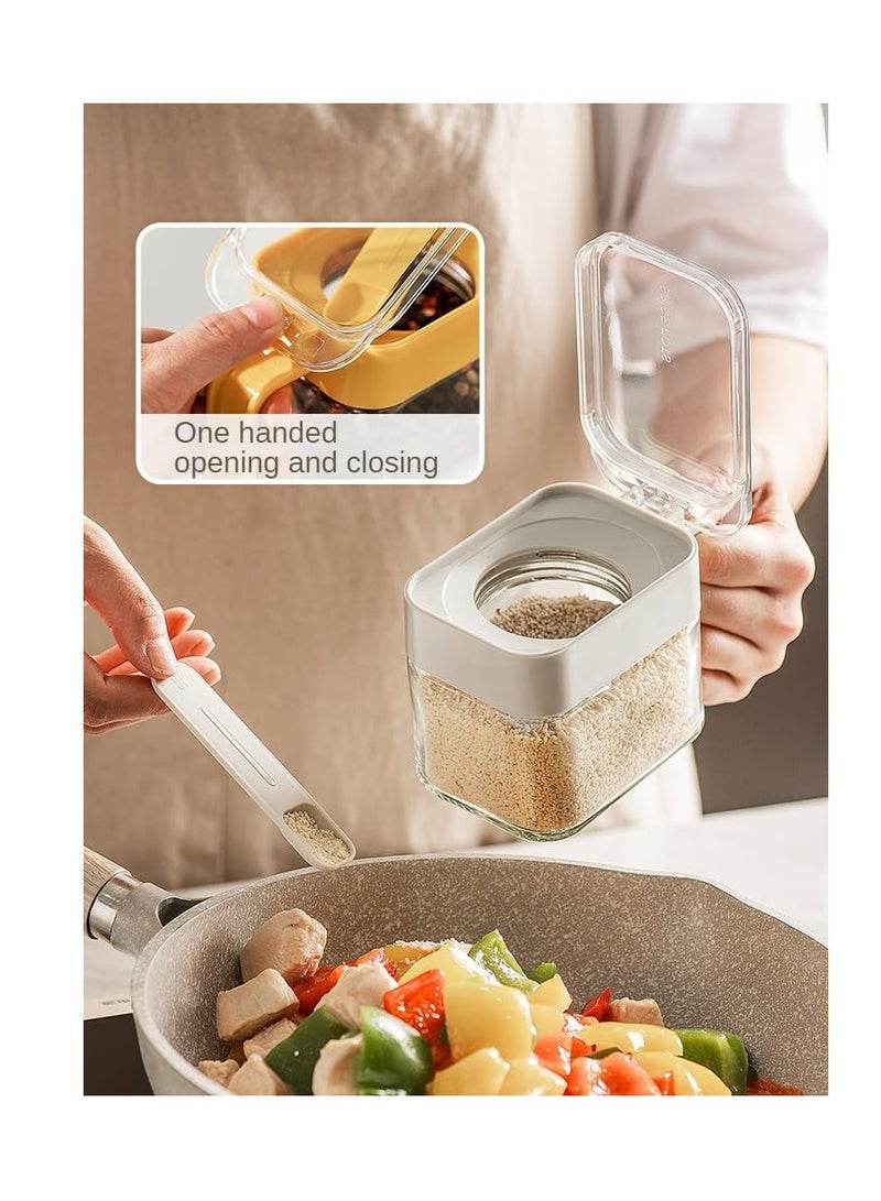 Clear Seasoning Containers, 3 Pack Seasoning Box with Handle, Glass Condiment Jar Spice Container with Spoon Dustproof Lid, Cruet jars for Spice Salt Sugar, Grey