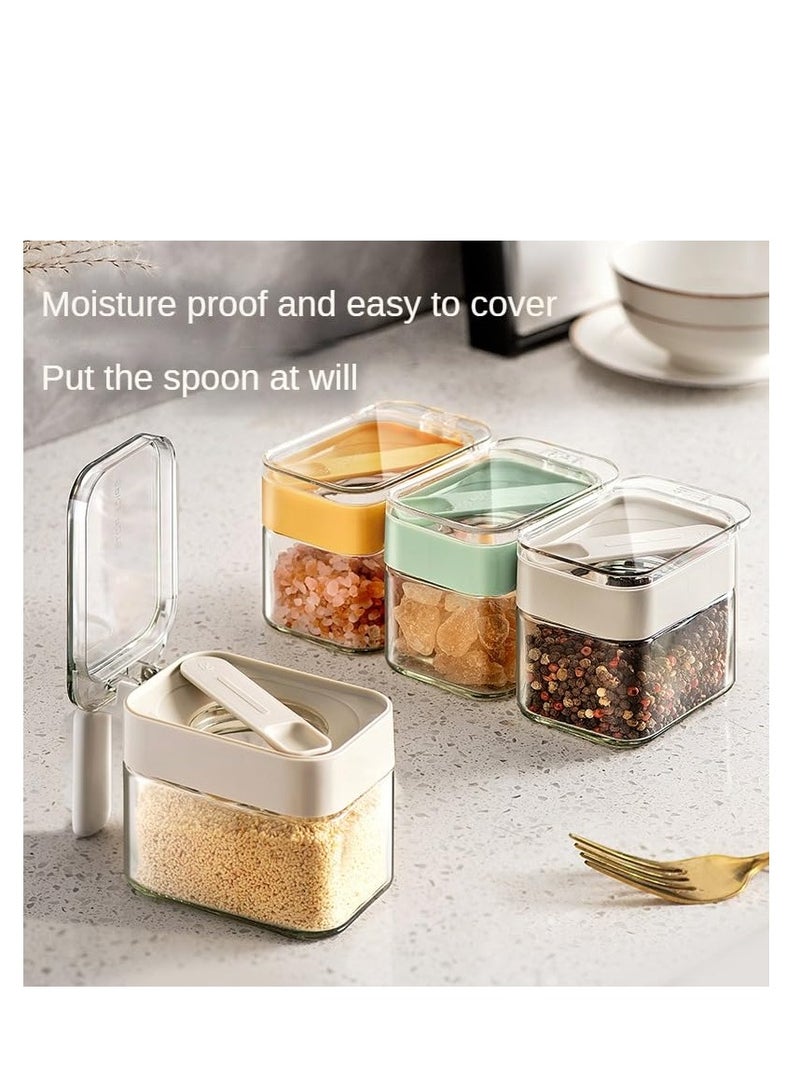 Clear Seasoning Containers, 3 Pack Seasoning Box with Handle, Glass Condiment Jar Spice Container with Spoon Dustproof Lid, Cruet jars for Spice Salt Sugar, Grey