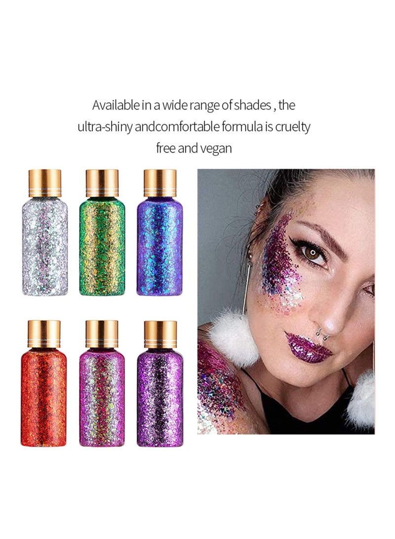 6 Bottles of Mermaid Sequins, Chunky Glitter Body Gel Liquid Eyeshadow Festival Glitter Cosmetic Face Hair Nails Makeup Long Lasting Sparkling