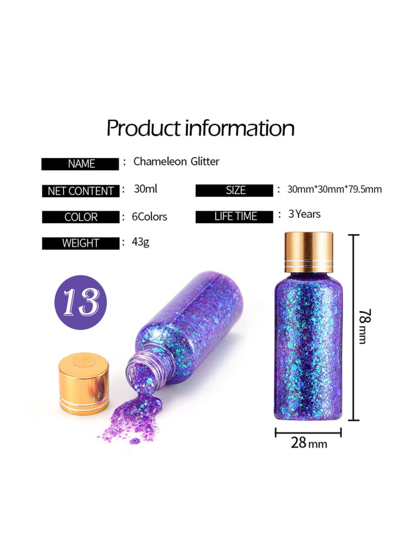 6 Bottles of Mermaid Sequins, Chunky Glitter Body Gel Liquid Eyeshadow Festival Glitter Cosmetic Face Hair Nails Makeup Long Lasting Sparkling