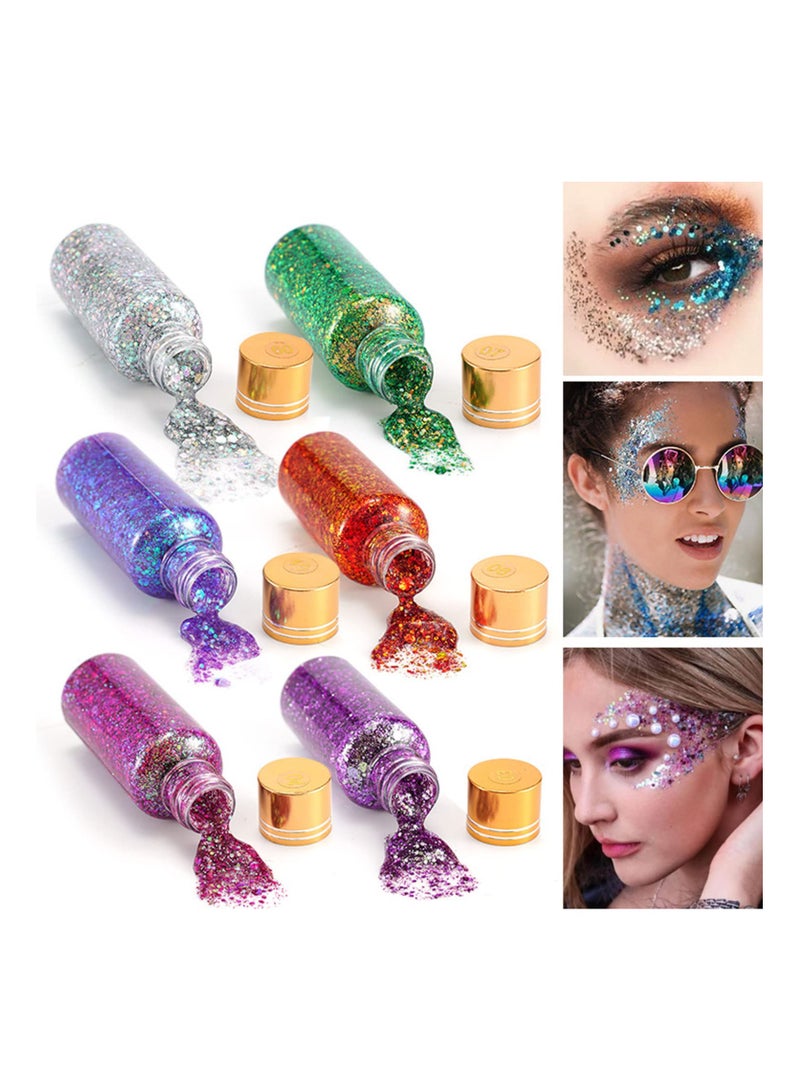 6 Bottles of Mermaid Sequins, Chunky Glitter Body Gel Liquid Eyeshadow Festival Glitter Cosmetic Face Hair Nails Makeup Long Lasting Sparkling