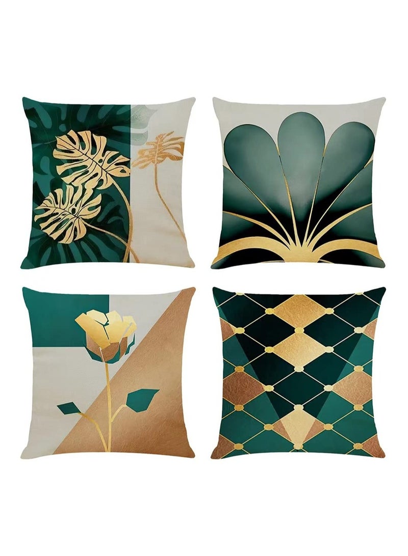 Decorative Cushion Covers, 4 Pcs 45 x 45 Linen Leaves Throw Pillow Cases Gold Teal Farmhouse Natural Cushion Covers 18x18 Sofa Cushions Modern Living Room Outdoor Garden