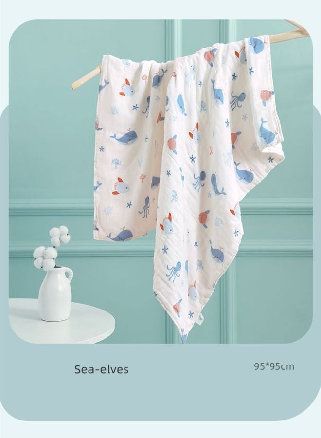 Baby Washcloths, Sea Elves Printed 6-Layer Natural Antibacterial Cotton Gauze Muslin Baby Towel Blanket, 95x95cm for Newborns Sleep and Bath