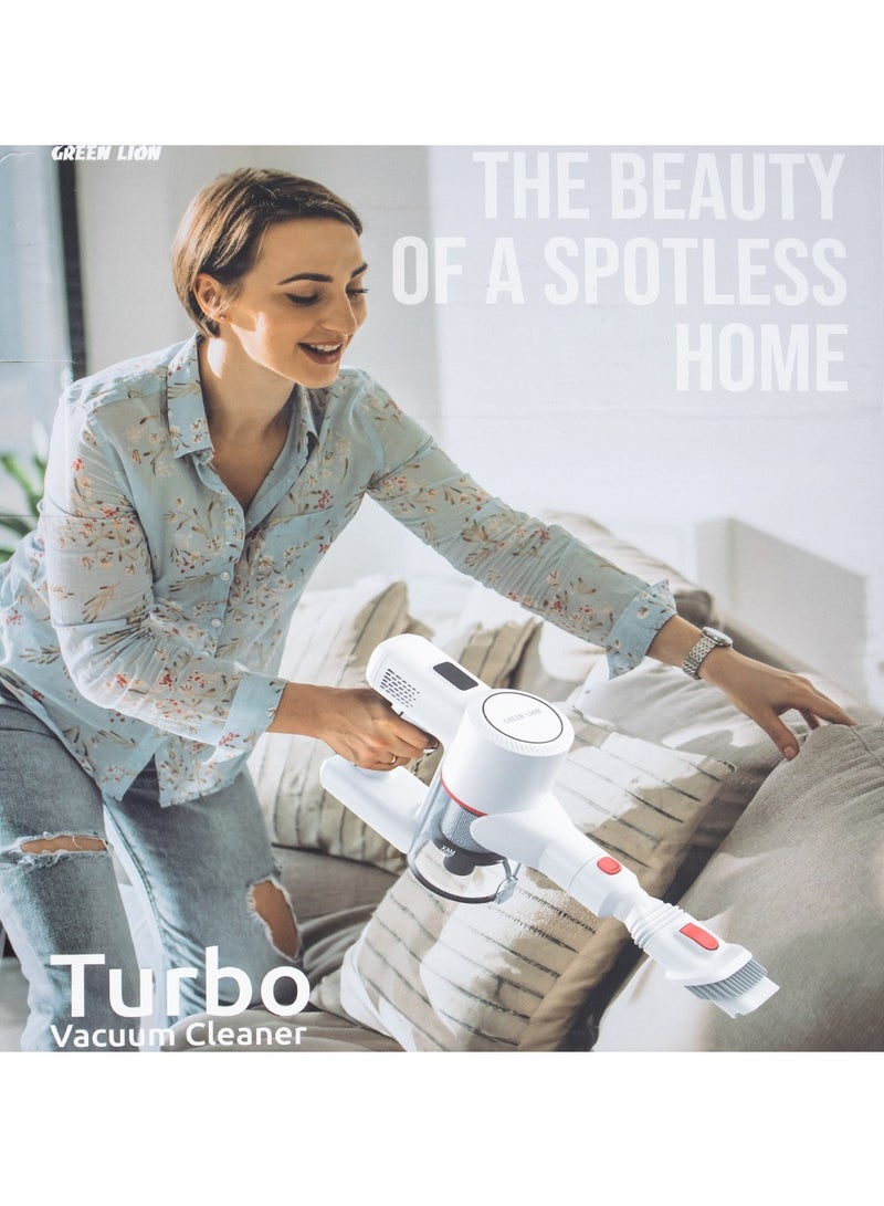 130 Watts Turbo Vacumm Cleaner with 0.5 Litre Dust Tank Capacity, 2200mAH Battery Capacity, Motorized Brush, Washable Filter and supports 2 Speed Modes with LED display Green Lion - White