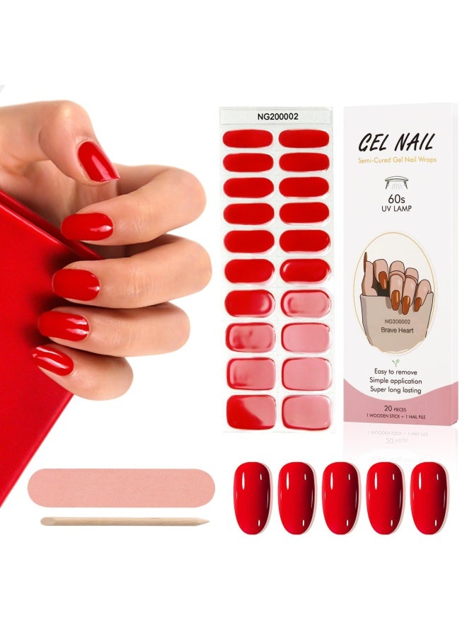 20 Pieces S Semi Cured Gel Nail Polish Strips Red Adhesive Full Wrap Gel Nail Art Sticker Waterproof Gel Nail Wrap Stickers With Nail File And Stick Uv/Led Lamp Required