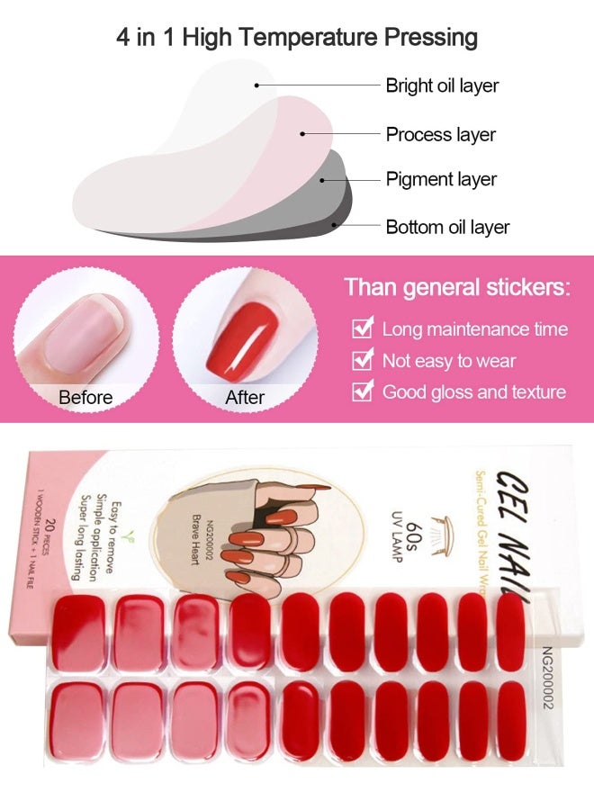 20 Pieces S Semi Cured Gel Nail Polish Strips Red Adhesive Full Wrap Gel Nail Art Sticker Waterproof Gel Nail Wrap Stickers With Nail File And Stick Uv/Led Lamp Required