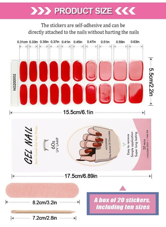 20 Pieces S Semi Cured Gel Nail Polish Strips Red Adhesive Full Wrap Gel Nail Art Sticker Waterproof Gel Nail Wrap Stickers With Nail File And Stick Uv/Led Lamp Required