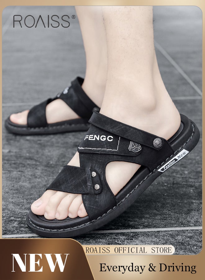 Simple Open Toe Outdoor Sandals for Men Letter Pattern Cool Breathable Non-slip Beach Slippers Comfortable Wear-Resistant Shockproof Driving Flat Shoes with Elastic Soft Latex Sole