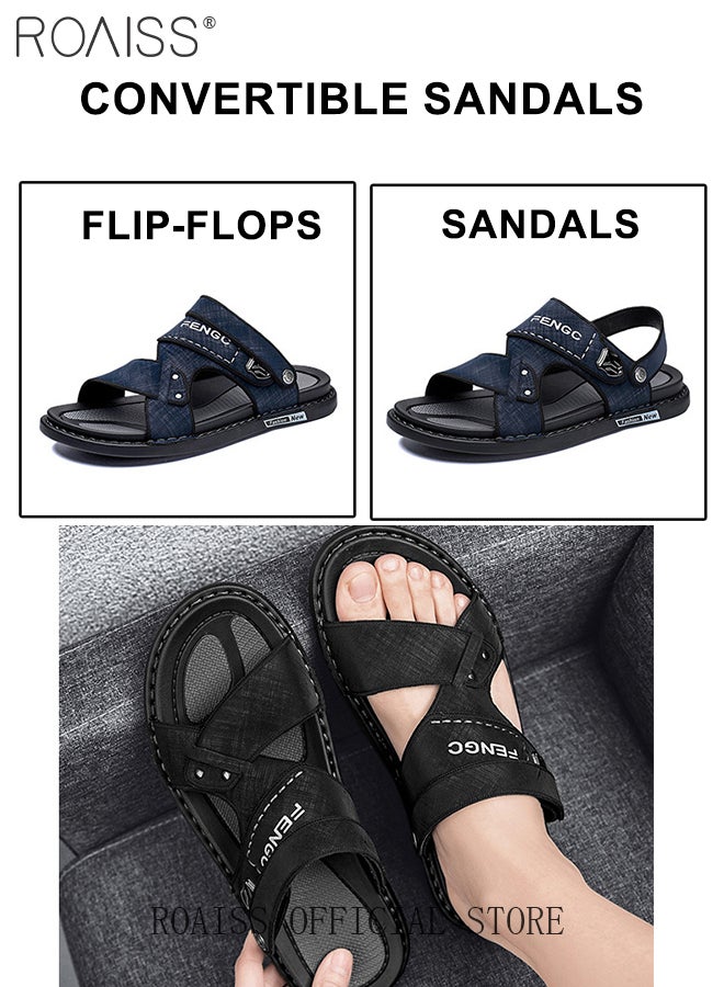 Simple Open Toe Outdoor Sandals for Men Letter Pattern Cool Breathable Non-slip Beach Slippers Comfortable Wear-Resistant Shockproof Driving Flat Shoes with Elastic Soft Latex Sole