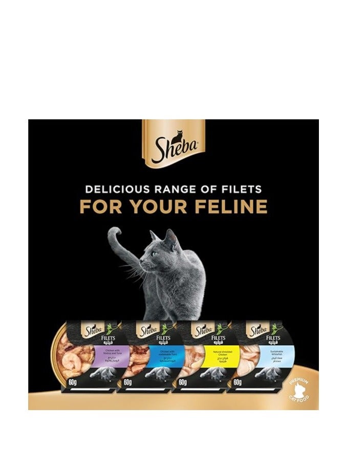 Sheba Cat Food Flavor Selection Filets, Mix of 4 Domes of Natural Shredded Chicken, Chicken with Shrimp & Tuna, Chicken with Sustainable Tuna & Sustainable White Fish, Premium Wet Food, Pack of 16x60g