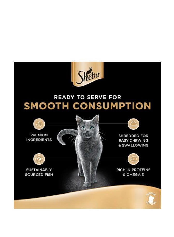 Sheba Cat Food Flavor Selection Filets, Mix of 4 Domes of Natural Shredded Chicken, Chicken with Shrimp & Tuna, Chicken with Sustainable Tuna & Sustainable White Fish, Premium Wet Food, Pack of 16x60g