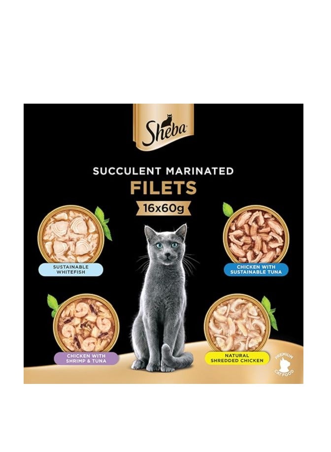 Sheba Cat Food Flavor Selection Filets, Mix of 4 Domes of Natural Shredded Chicken, Chicken with Shrimp & Tuna, Chicken with Sustainable Tuna & Sustainable White Fish, Premium Wet Food, Pack of 16x60g