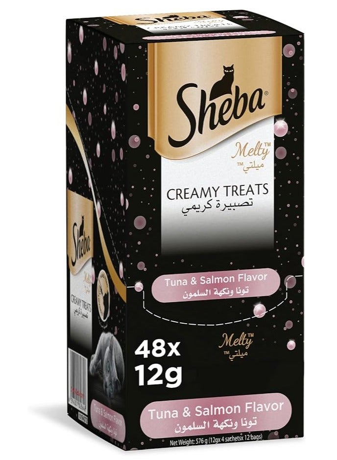 Sheba Cat_Food, Melty Tuna & Salmon Flavor Creamy Treats, Premium Indulgence, Fed by Hand for a Special Moment so Your Cat Can Find Relish with ThisTreat, Pack of 48x12g