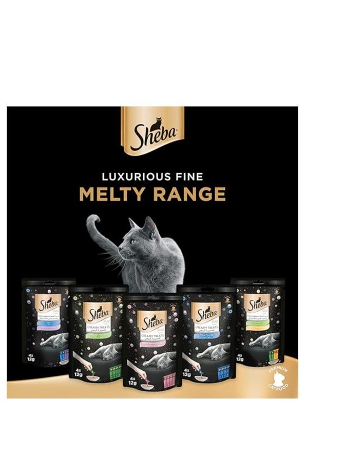 Sheba Cat_Food, Melty Tuna & Salmon Flavor Creamy Treats, Premium Indulgence, Fed by Hand for a Special Moment so Your Cat Can Find Relish with ThisTreat, Pack of 48x12g