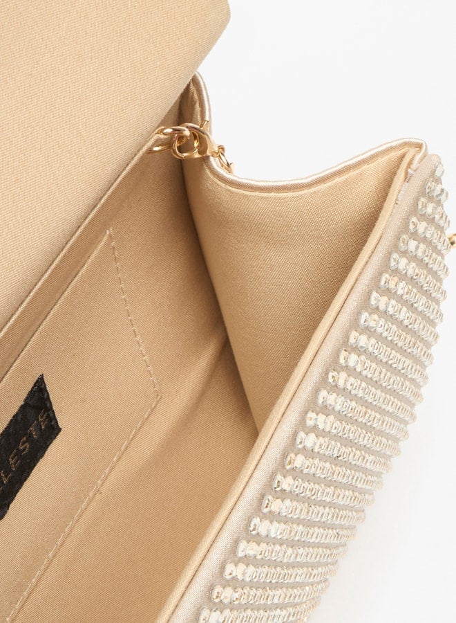 Embellished Clutch with Twist Clasp and Chain Strap