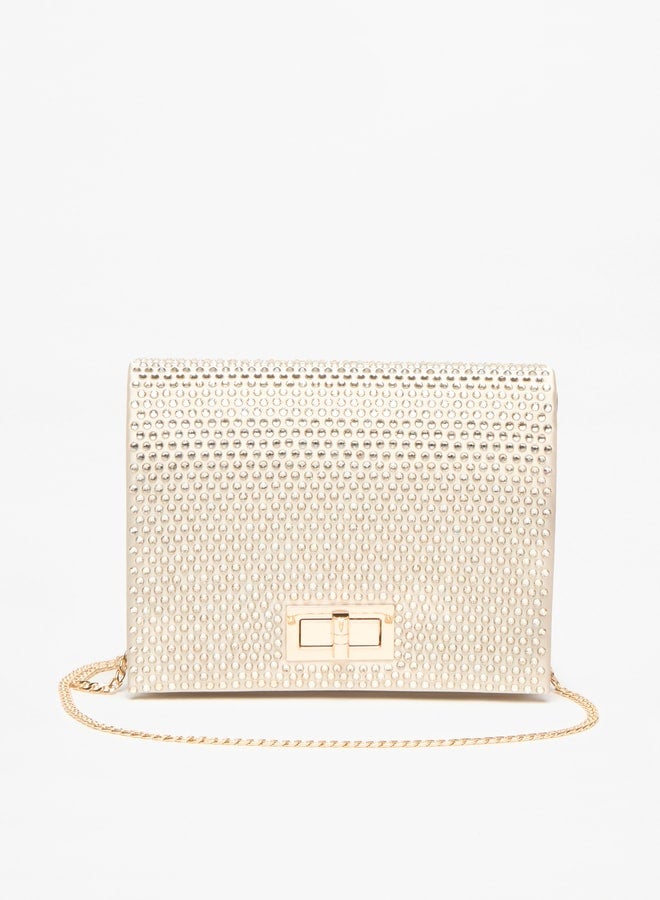 Embellished Clutch with Twist Clasp and Chain Strap