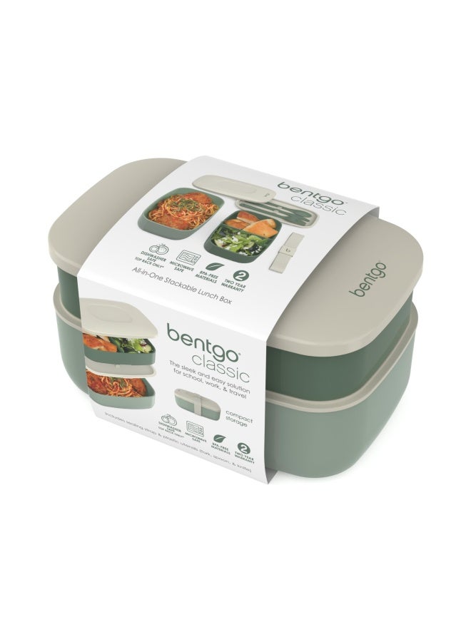 Classic - All-In-One Stackable Bento Lunch Box Container - Modern Bento-Style Design Includes 2 Stackable Containers Built-In Plastic Utensil Set And Nylon Sealing Strap Khaki Green