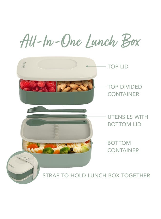 Classic - All-In-One Stackable Bento Lunch Box Container - Modern Bento-Style Design Includes 2 Stackable Containers Built-In Plastic Utensil Set And Nylon Sealing Strap Khaki Green