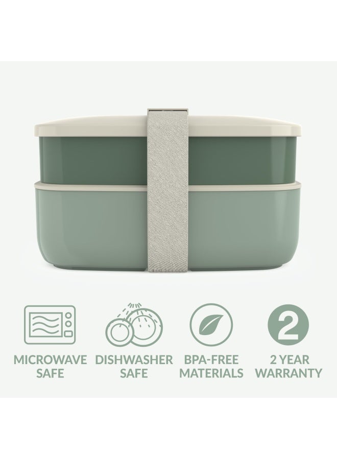 Classic - All-In-One Stackable Bento Lunch Box Container - Modern Bento-Style Design Includes 2 Stackable Containers Built-In Plastic Utensil Set And Nylon Sealing Strap Khaki Green