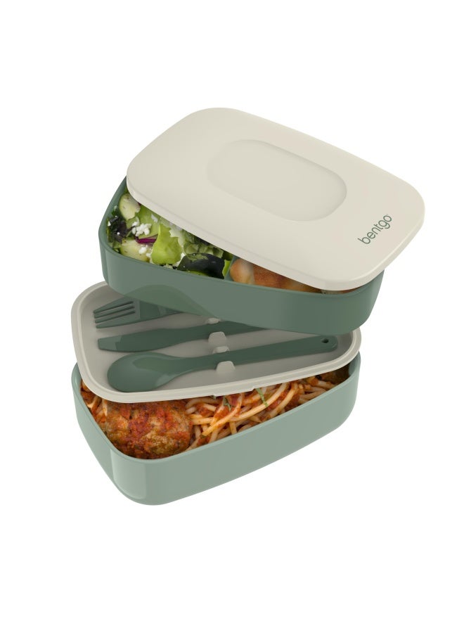 Classic - All-In-One Stackable Bento Lunch Box Container - Modern Bento-Style Design Includes 2 Stackable Containers Built-In Plastic Utensil Set And Nylon Sealing Strap Khaki Green