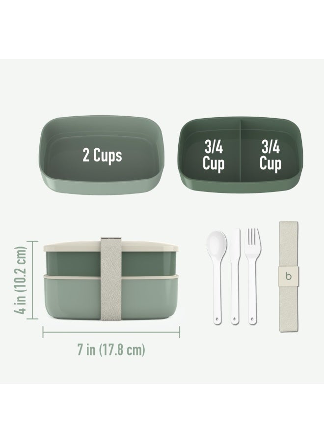 Classic - All-In-One Stackable Bento Lunch Box Container - Modern Bento-Style Design Includes 2 Stackable Containers Built-In Plastic Utensil Set And Nylon Sealing Strap Khaki Green