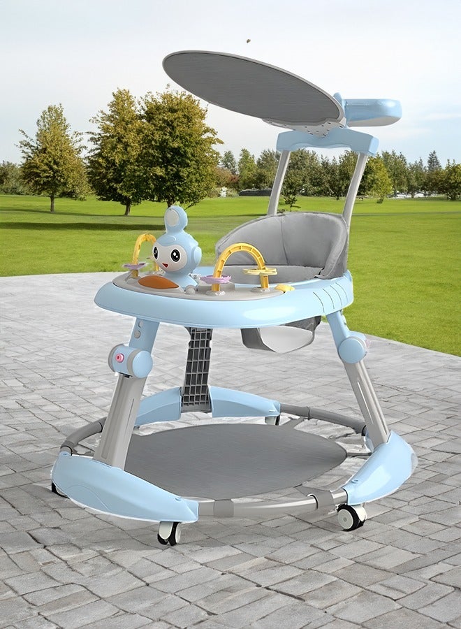 Multifunctional Baby Walker with Awning Round Kids Walker with Adjustable Height Toddler Walker with Toys