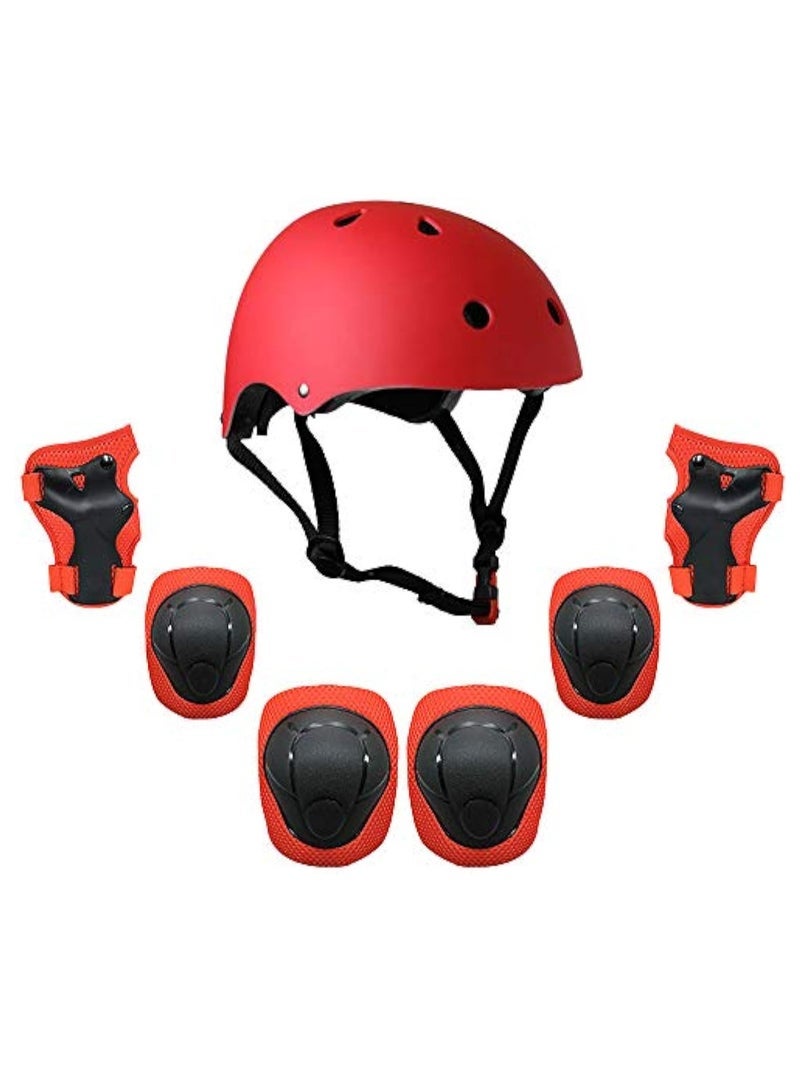 Kids Helmet And Pads Set - 7 In 1 - Adjustable Kids Knee Pads Elbow Pads Wrist Guards For Scooter Skateboard Roller Skating Cycling-Red