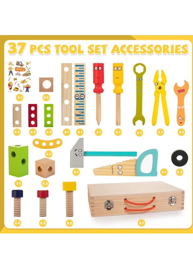 37 Pieces Kids Tool Set Pretend To Play Toddler Wooden Tool Toys With Toolbox Educational Dry Structure Toys For 2 3 4 5 6 Year Old Boys And Girls Birthday Gifts