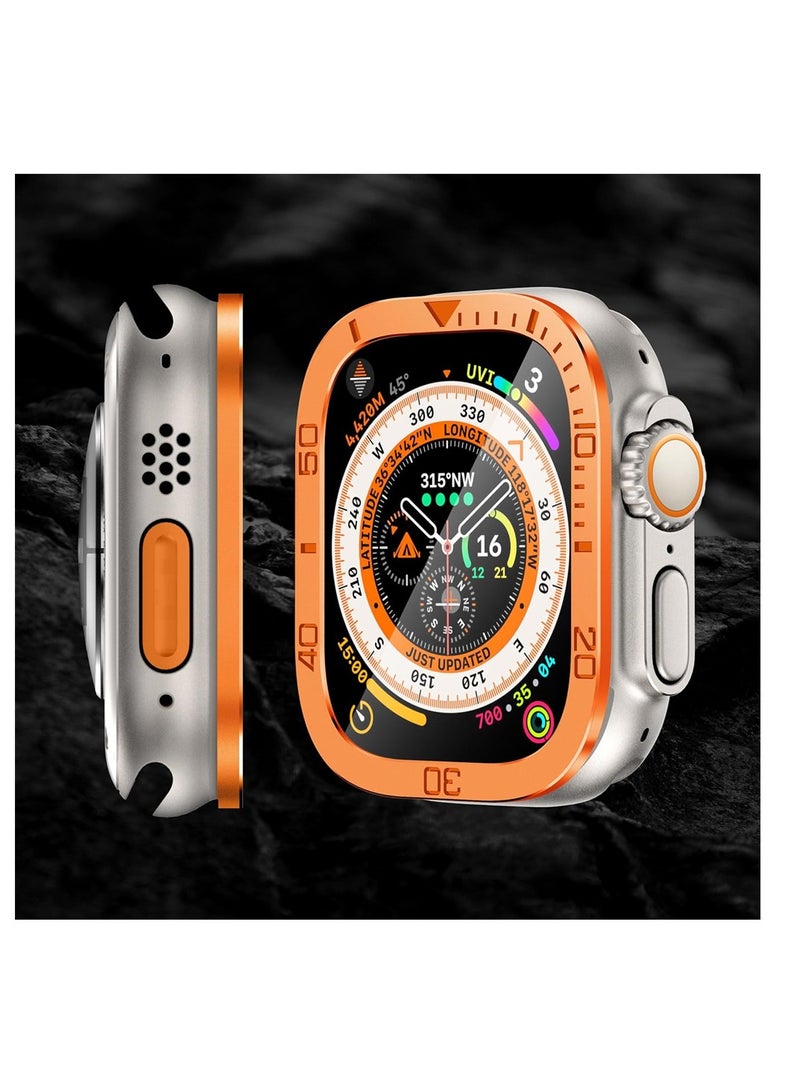 Rugged Metal Case, Compatible with Apple Watch Ultra 49mm Case with Tempered Glass Screen Protector, Bezel Ring Frame Built in Clear Film for iWatch Ultra 49mm, 2 Pack, Orange