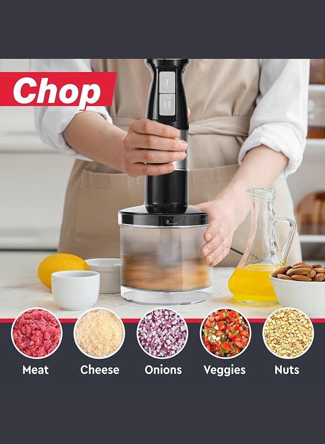 Hand Blender, 4 in 1 Blender, Hand Blender Electric 800W 2-Speed and Turbo Mode, Immersion Blender with 500ml Food Chopper, 600ml Container, Milk Frother, Egg Whisk, for Smoothie Sauces Food Soups