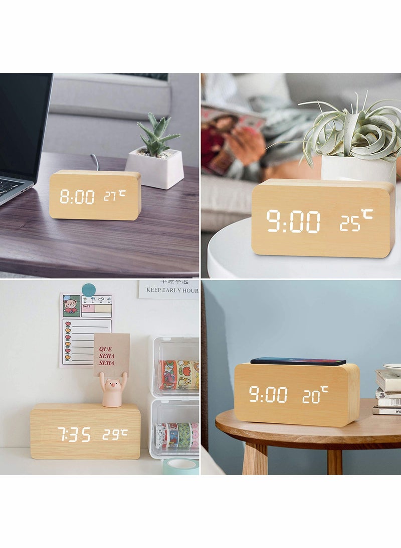 Wooden Alarm Clock with Wireless Charging Pad, LED Digital Clock with Large Date and Temperature Display, Sound Control, Adjustable Brightness, Suitable for Bedroom, Office, Bedside