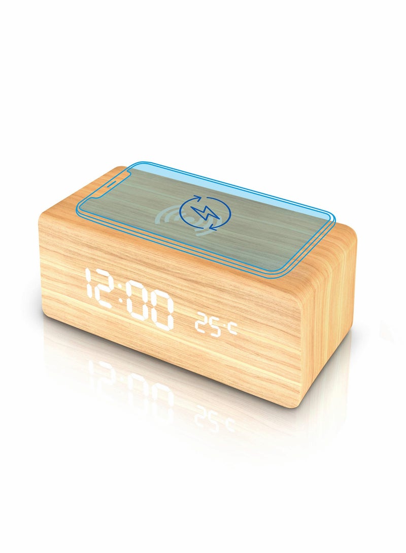 Wooden Alarm Clock with Wireless Charging Pad, LED Digital Clock with Large Date and Temperature Display, Sound Control, Adjustable Brightness, Suitable for Bedroom, Office, Bedside