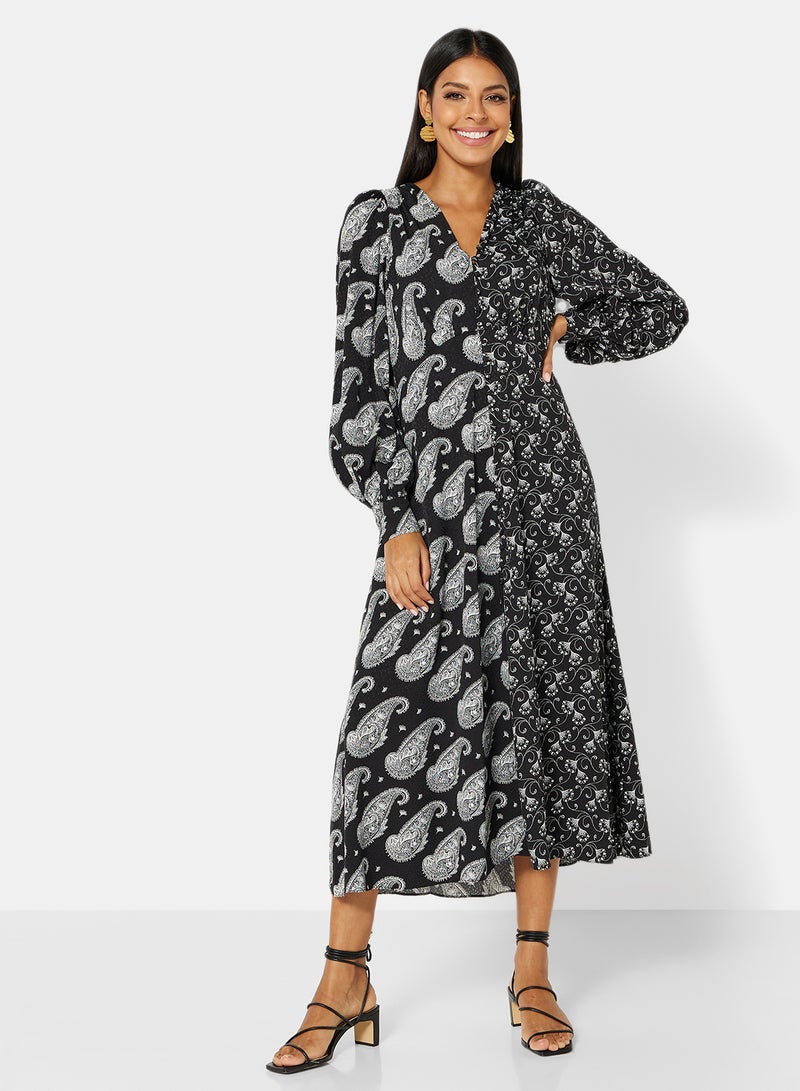 Paisley Print Midi Dress Black