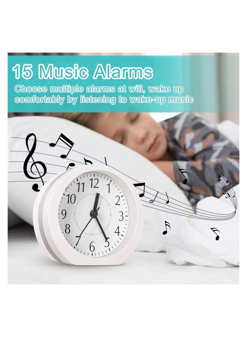 Analog Alarm Clock Super Silent Non Ticking Small Clock with Snooze and Night Light, Battery Operated Travel Alarm Clock 24 Songs Music Luminous Alarm Clocks for Bedroom