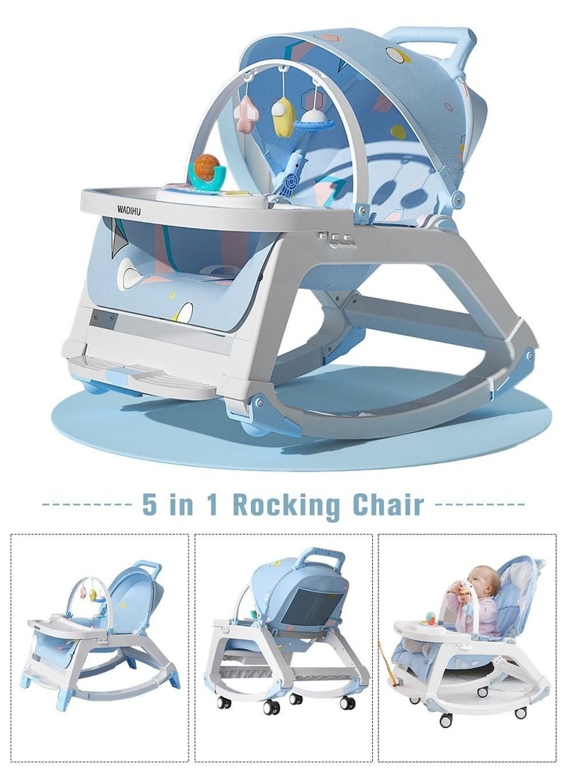 5 in 1 Multifunctional Baby Rocking Chair, Booster Seat, Dinning Dining Chair for Kids, Toddler Stroller With Sunshade Shed, Music and Hanging Toys