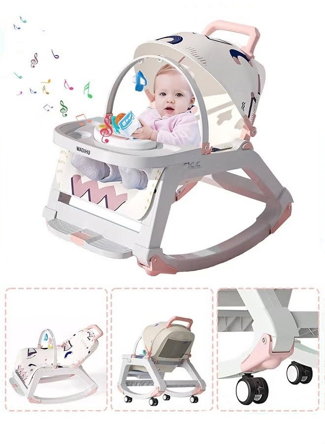 5 in 1 Multifunctional Baby Rocking Chair, Babies Rocker and Booster Seat, Dining Chair for Kids, Toddler Stroller With Sunshade Shed, Music and Hanging Toys