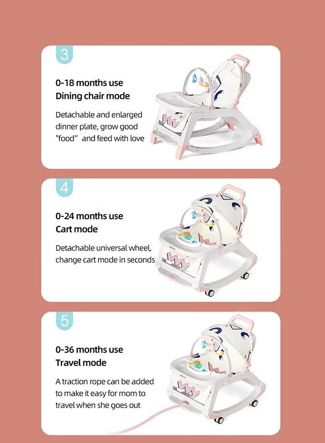 5 in 1 Multifunctional Baby Rocking Chair, Babies Rocker and Booster Seat, Dining Chair for Kids, Toddler Stroller With Sunshade Shed, Music and Hanging Toys