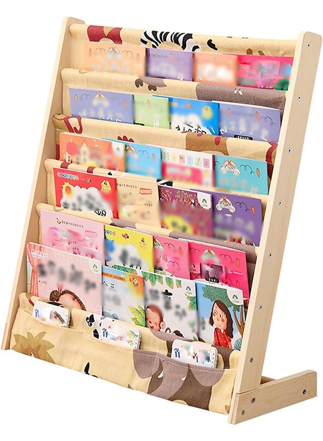 Bookshelf for Kids, Baby Bookshelf 6 Tier Kids Book Shelf Natural Beige Sling Book Rack for Kids Bedroom Playroom Toy Storage (Wood: 29.5